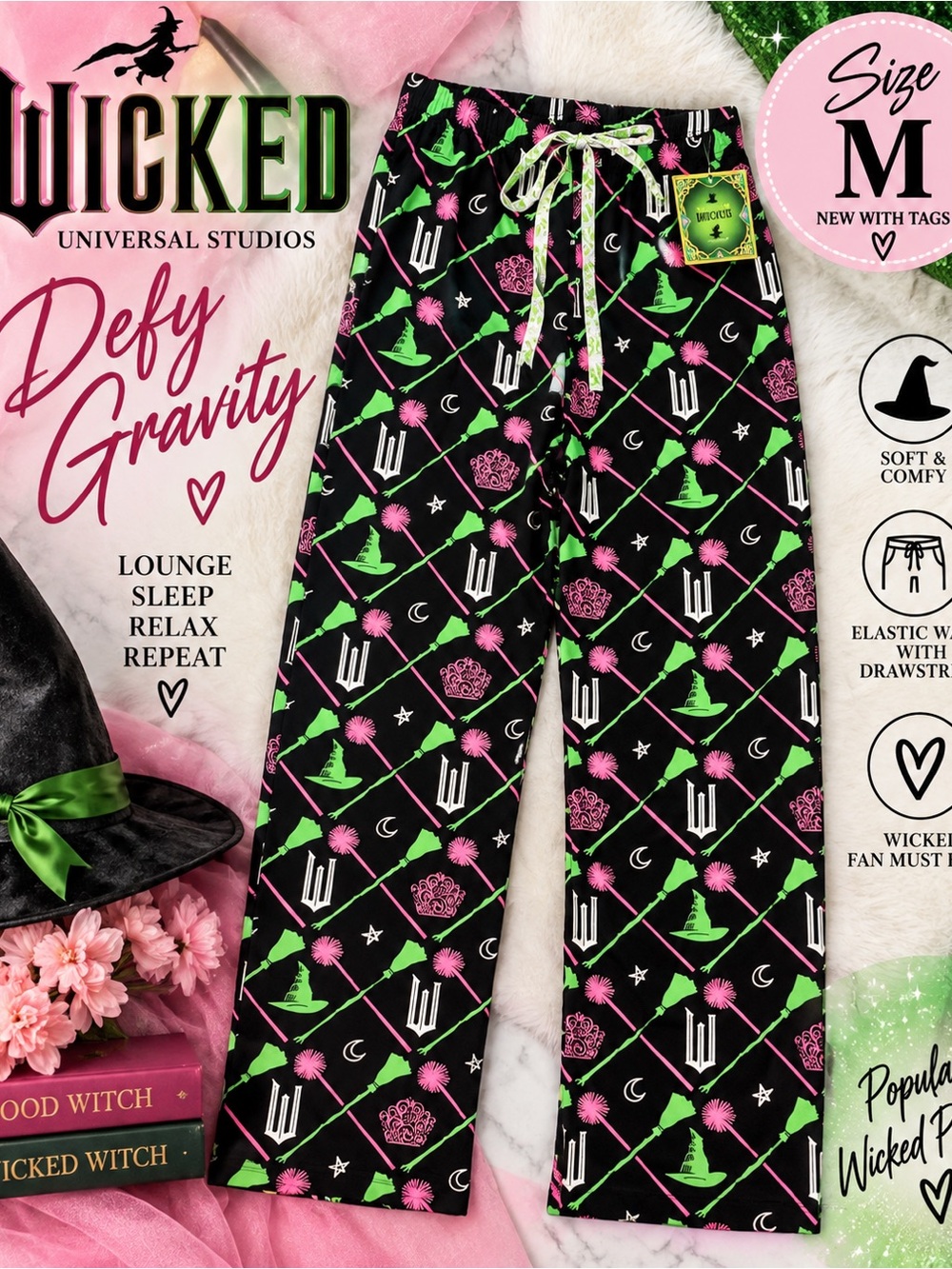 Wicked Universal Studios Women’s M Pajama Lounge Pants NWT Witch Wizard Print